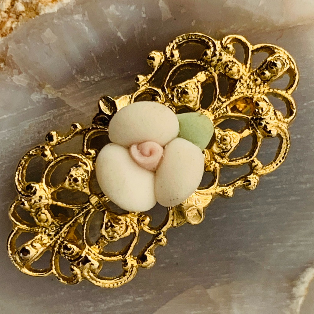 Golden Filigree Porcelain Rose Brooch